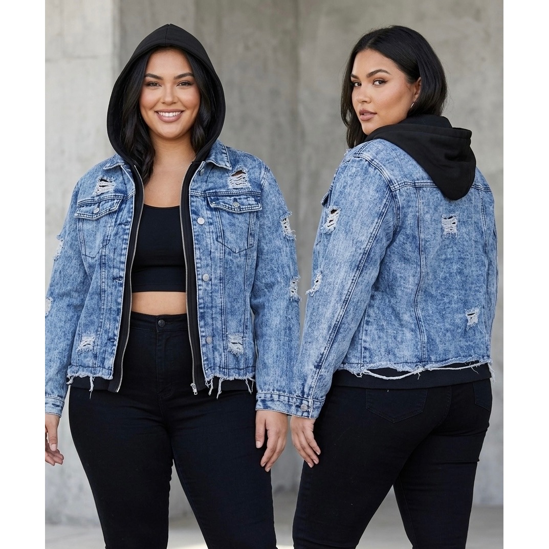 Thrill Jeans Womens Denim Jacket Acid Wash Distressed Built-In Black Hoodie 1x